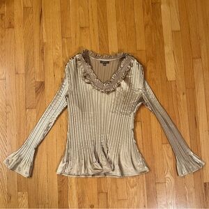 Jessica - Vintage Gold Pleated & Ruffles Blouse with Flared Cuffs - US M (10-12)